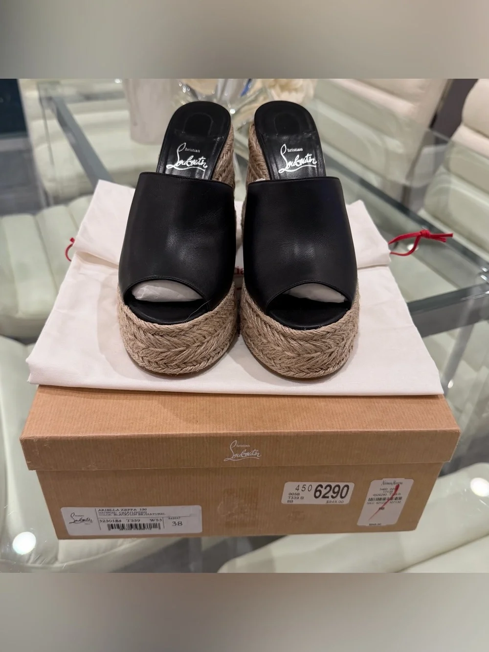 Christian Louboutin Black Leather Espadrille Wedge Sandals with Red Sole